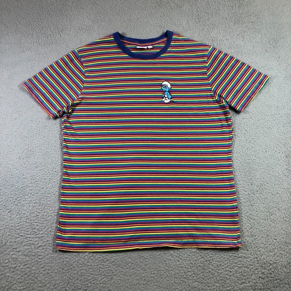 the smurfs t shirt mens L rainbow color stripes cartoon